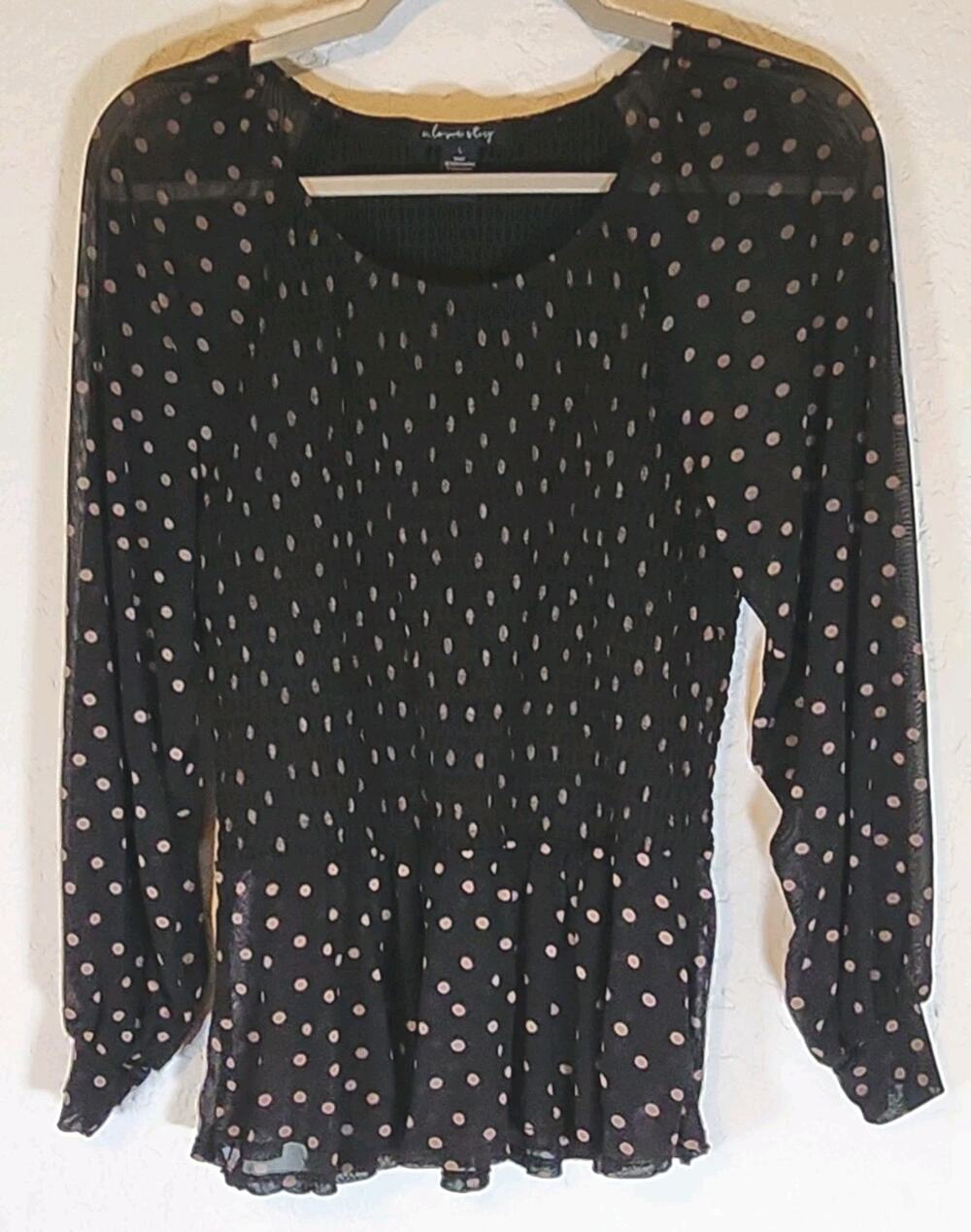 Love Story Black W Beige Polka Dot Smocked Ruffle Peplum Long Sleeve Blouse L